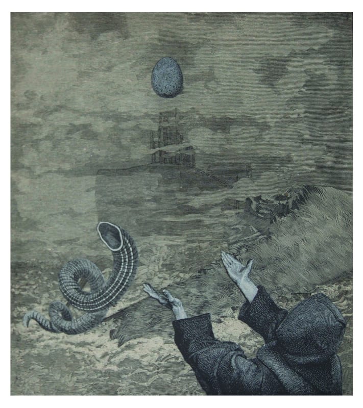 Hooded man reaches out both of his arms to a floating egg in the sky