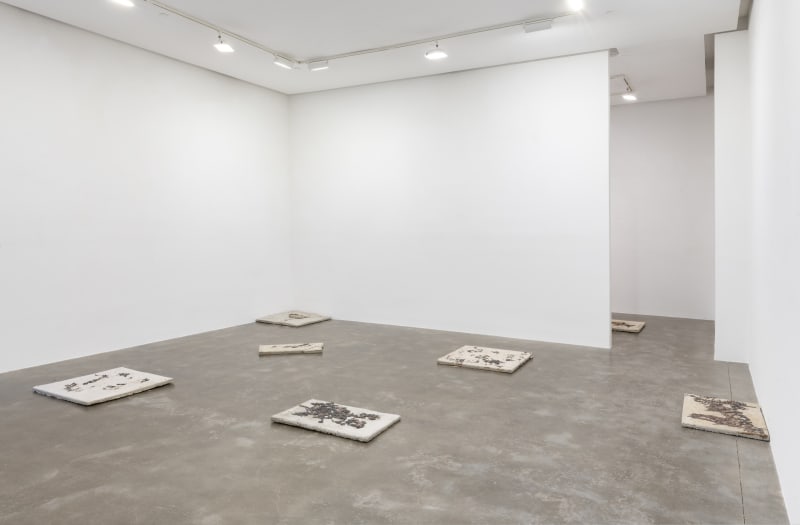 Installation view of seven sculptures on the ground, each sculpture is a slab of cement with poured bronze on top