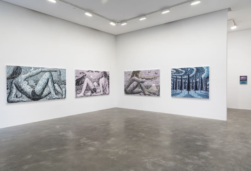 An installation view of Benjamin Degen's As We Breathe showing four large paintings of people in nature or trees and a small painting of a sun