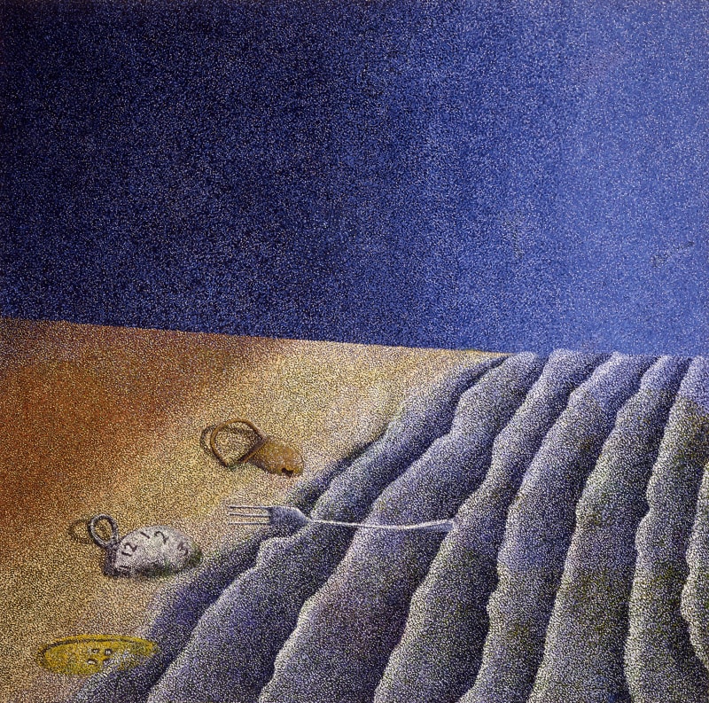 A pointillist rendering of objects washed up on shore by gentle waves