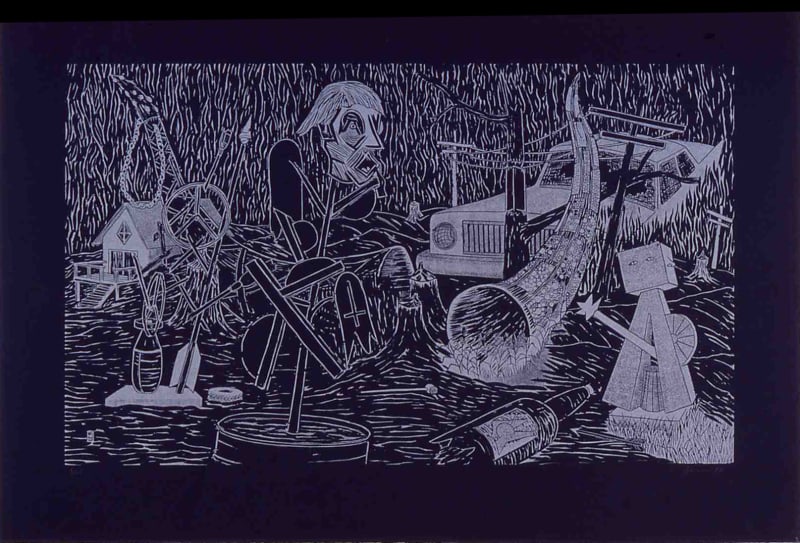 Dark purple image with black border of a sculpture park