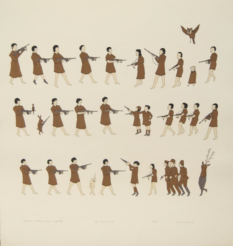 A paper artwork depicting three rows of golden-clad figures heading left 