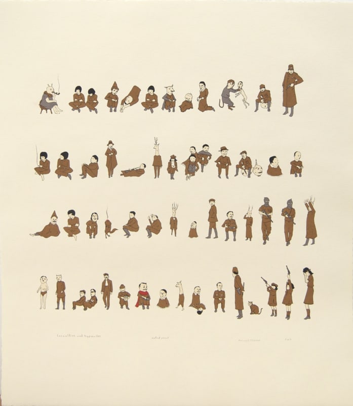 A paper artwork depicting four rows of golden-clad figures heading left 