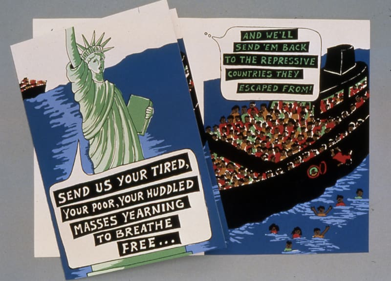 A greeting card that reads send us your poor, your hungry, huddled masses yearning to break free, and we'll send them right back to the repressive country they came from
