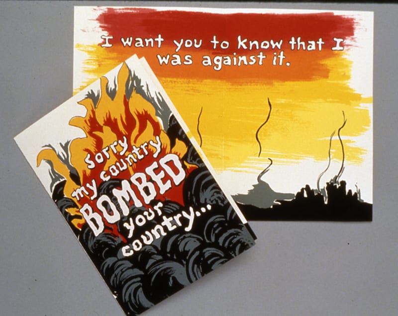 Greeting card reading Sorry my country bombed your country