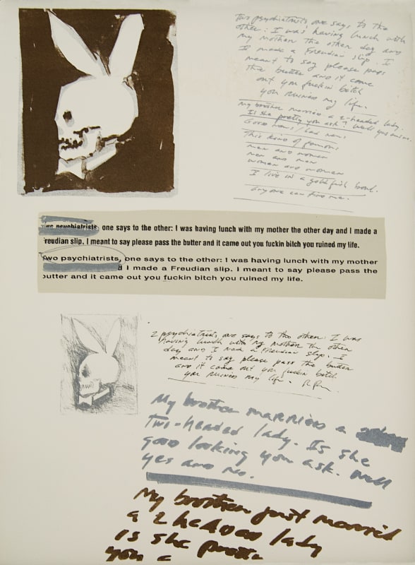 Close up of a page from Richard Prince's project depicting sketches of a playboy bunny skull logo and text 