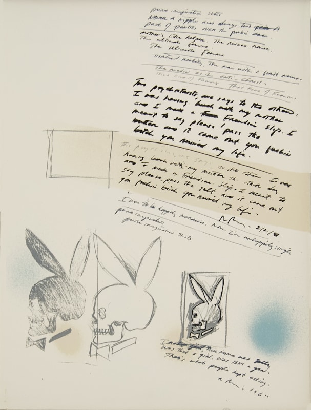 Close up of a page from Richard Prince's project depicting sketches of a playboy bunny skull logo and text 