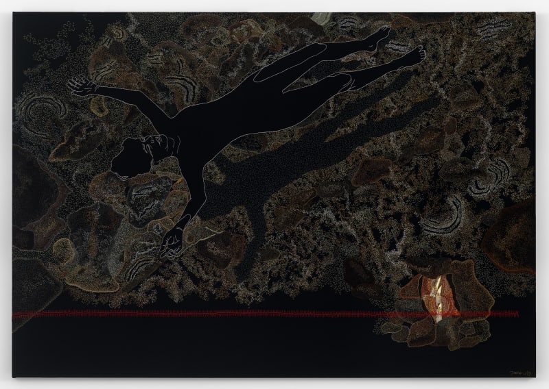 Tamar Mason, Sefogwane/Treur, 2023, embroidery and beadwork on fabric, 160 x 234 cm, 63 x 92 in