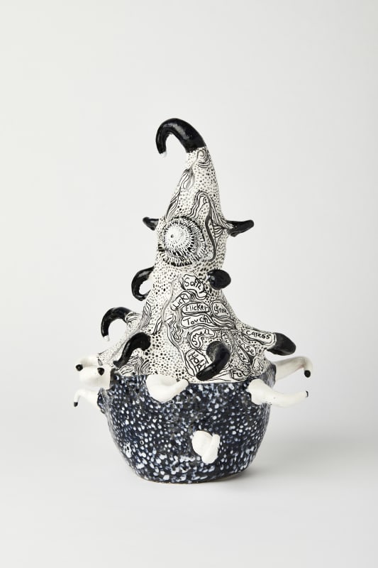 Erogenous, 2023, stoneware, engobe, glaze and ceramic pencil, 36 x 28 x 26 cm