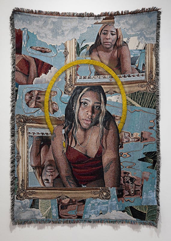 Qualeasha Wood, Divine Interventions, 2022, woven jacquard and glass seed beads.