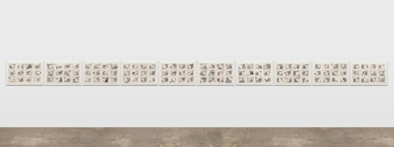 Mary Kelly, Lacunae, 2023, ragboard, vellum, ash, ink, 10 framed panels, 97.8 x 61 x 4.4 cm, 38 ½ x 24 x 2 in, each 97.8 x 1021.1 cm, 38 ½ x 402 in, overall