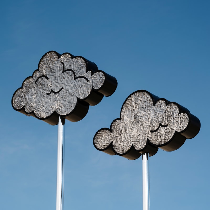 Sanford Biggers Unsui (Mirror), 2025 Steel and aluminum Overall height, 1: 27' 10" Overall height, 2: 22' 8" Cloud 1: H 66.8" x W 110.9" x D 15" Cloud 2: H 54" x W 93.3" x D 15"