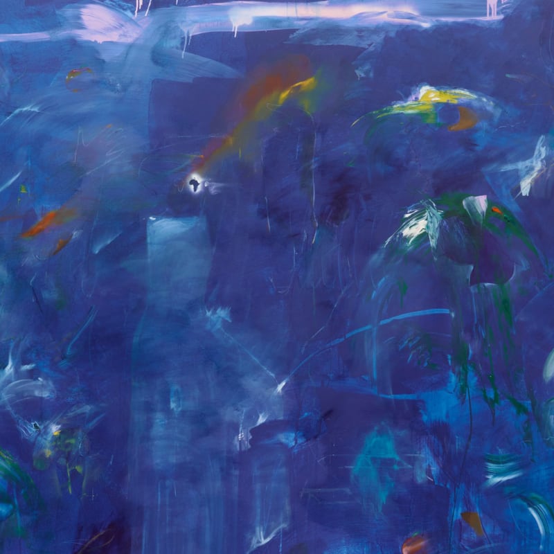 Kwamé Azure Gomez Backwater Blue Moon [detail], 2025 Acrylic paint, oil, modeling paste and spray paint on canvas 88 x 169 3/4 inches 223.5 x 431.2 cm (KAG.22270)