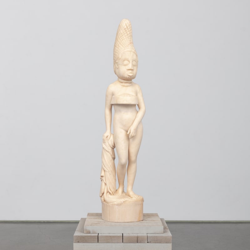 Sanford Biggers The Ascendant, 2020 Pink Portugal Marble on custom cedar plinth Sculpture: approx. 48" x 11" x 10" Plinth: approx. 27" X 33" x 33" Overall: approx. 75" x 33"