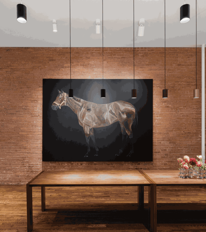 Jammie Holmes, Black Horse, 2023, installed at Lucifer Lighting’s Tribeca showroom in partnership with Marianne Boesky Gallery.