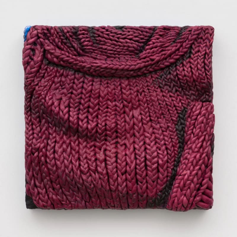Gina Beavers, Chunky Knit Throw in Port, 2024; oil, acrylic, foam, paper pulp and wood stain on panel, 21 x 21 x 3 1/4 inches, 53.3 x 53.3 x 8.3 cm. Copyright of Gina Beavers. Courtesy Marianne Boesky Gallery