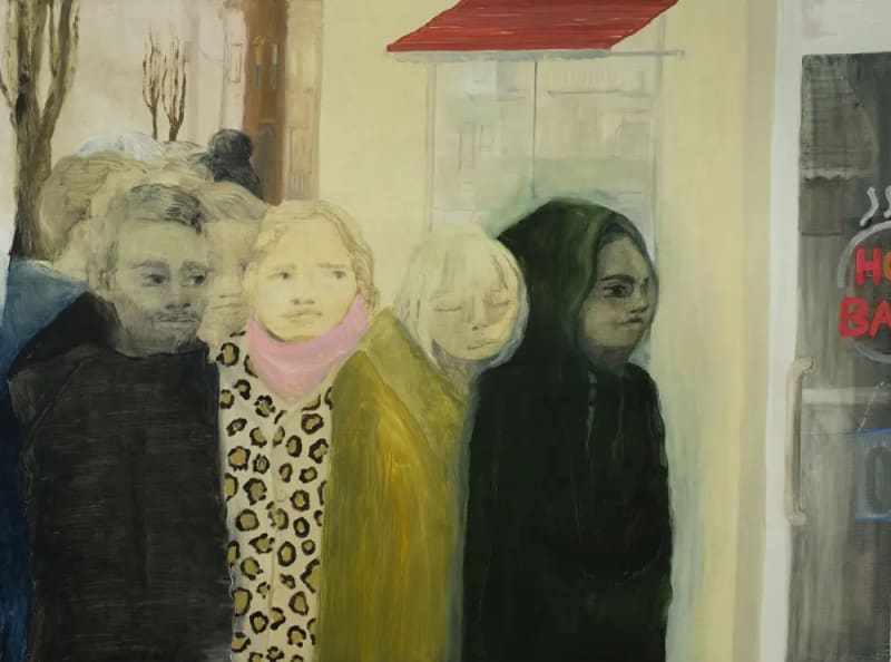 Aubrey Levinthal, Bagel Line, 2022. Oil on panel, 30 x 40 inches. Courtesy Monya Rowe Gallery, New York.