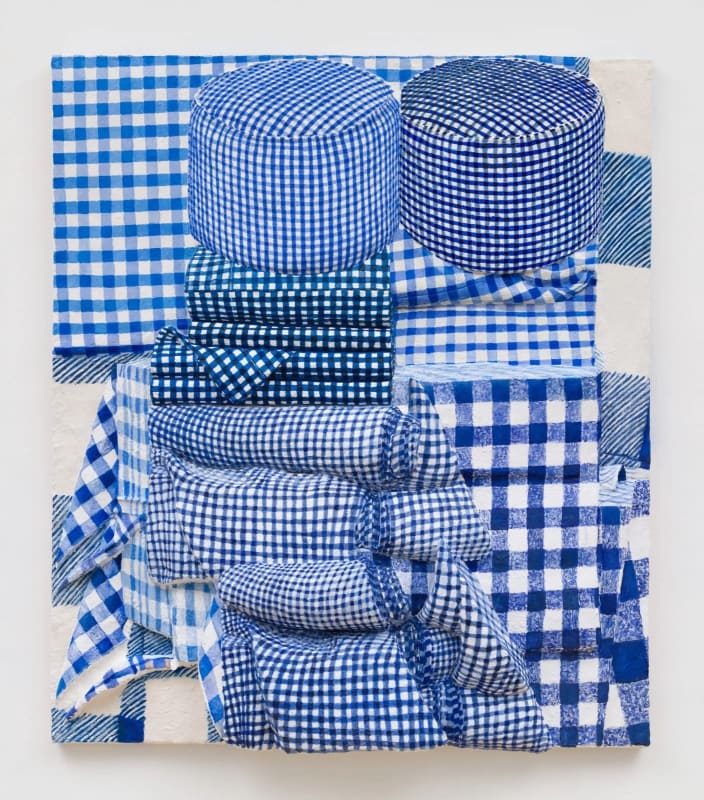 Gina Beavers, Blue gingham ottoman stack (2024). © Gina Beavers. Photo: Charles Benton. Courtesy of the artist and Marianne Boesky Gallery.