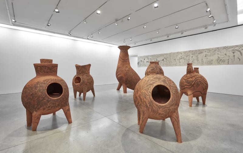 Installation view: Gabriel Chaile: Esto es América, o qual é o limite?, Marianne Boesky Gallery, New York, 2025. Photo: Jason Wyche.