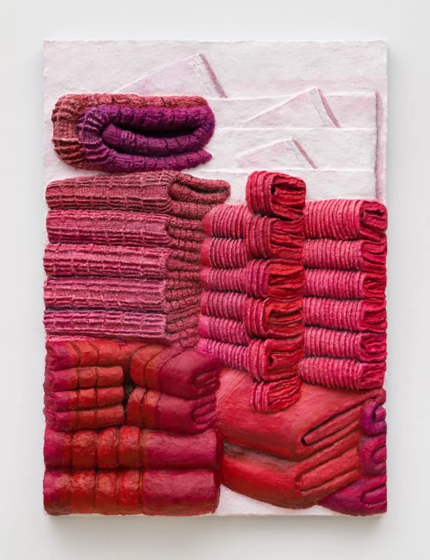 Gina Beavers’s “Red Towel Totems,” 2024, in her solo show “Divine Consumer.”Credit...Gina Beavers, via Marianne Boesky Gallery, New York and Aspen