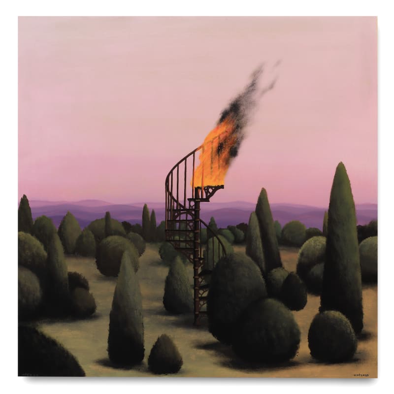 HYDEON, Spiral Fire, 2023. Gouache and acrylic on wood panel. 16 x 16 in. (40.6 x 40.6 cm)