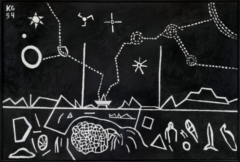 Ken Grimes. Untitled (Satellite Dish With Beams), 1994. Acrylic on Masonite. 48 x 72 in.