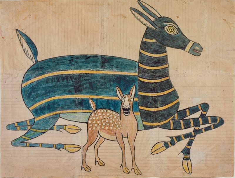 Martín Ramírez. Untitled (Two Deer), ca. 1960-63. Gouache, colored pencil and graphite on pieced paper. 19 x 24.5 in; 48.3 x 62.2 cm). (cropped)