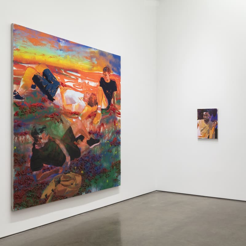 Installation View | Doron Langberg: Likeness Featured Artworks: Doron Langberg (Israeli, b. 1985) Kyle, Robert, and James, 2019 Oil on linen, spray-paint 96" x 80" (244 x 203 cm) Signed and Dated Verso in Ink (DLan.21044) Doron Langberg (Israeli, b. 1985) Devan, 2019 Oil on linen 24" x 18" (61 x 46 cm) Signed and Dated Verso in Ink (DLan.20525)