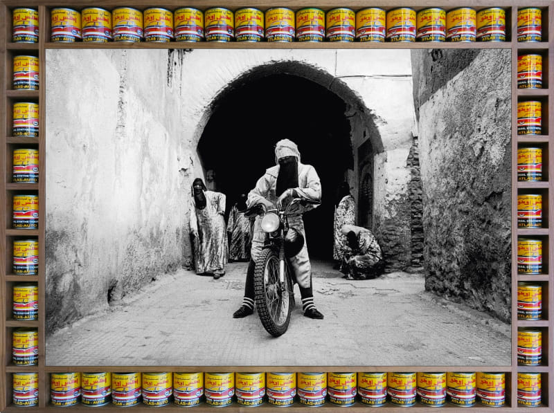Hassan Hajjaj (Moroccan, b. 1961) Henna Crew, 2010 Metallic Lambda on 3mm dibond Walnut frame with medium car paint tins 52.5" × 39" × 3" (133 × 99.5 × 8 cm)