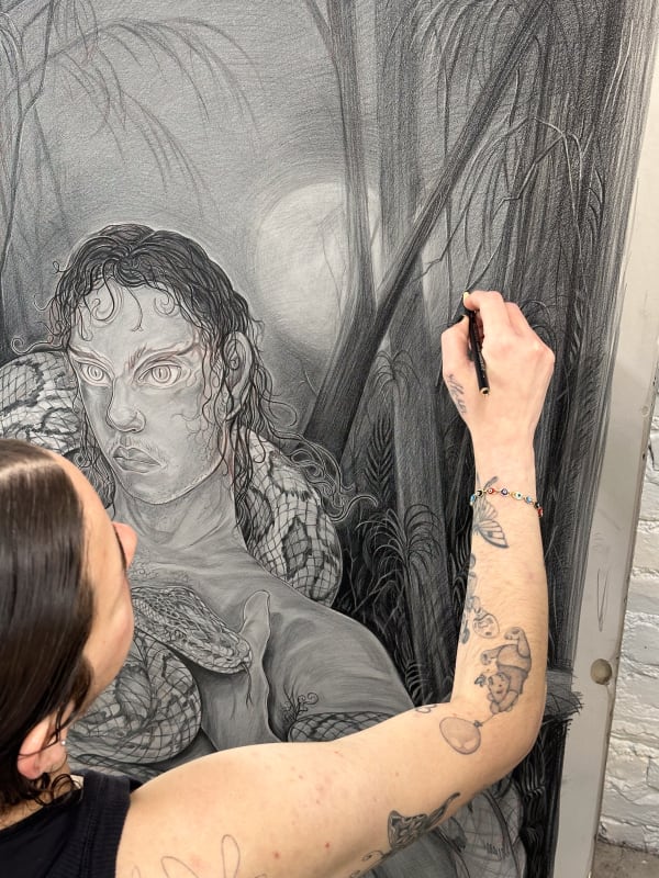 Alina Perez working on Self portrait after Tiresias (2024) at Petrichor Press. Image courtesy of the artist and Petrichor Press, Philadelphia, PA.