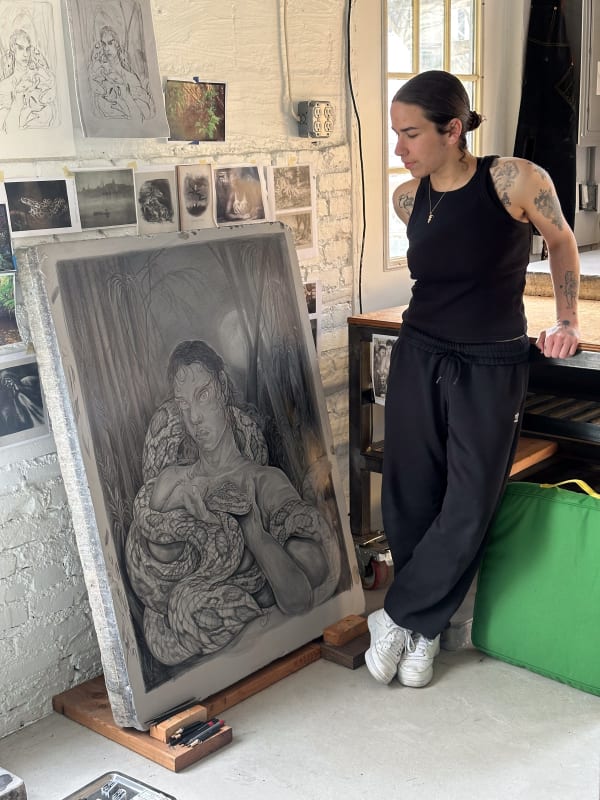 Alina Perez working on Self portrait after Tiresias (2024) at Petrichor Press. Image courtesy of the artist and Petrichor Press, Philadelphia, PA.