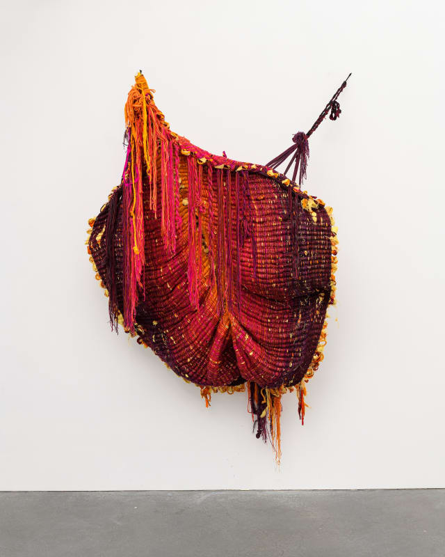 TO CARRY EVERY NAME BUT YOUR OWN, 2022, Handspun ropes in sisal, silk, bullet-proof and stab-proof Kevlar; warped in wool, acrylic, cotton, linen, silk; loom bars; zip ties