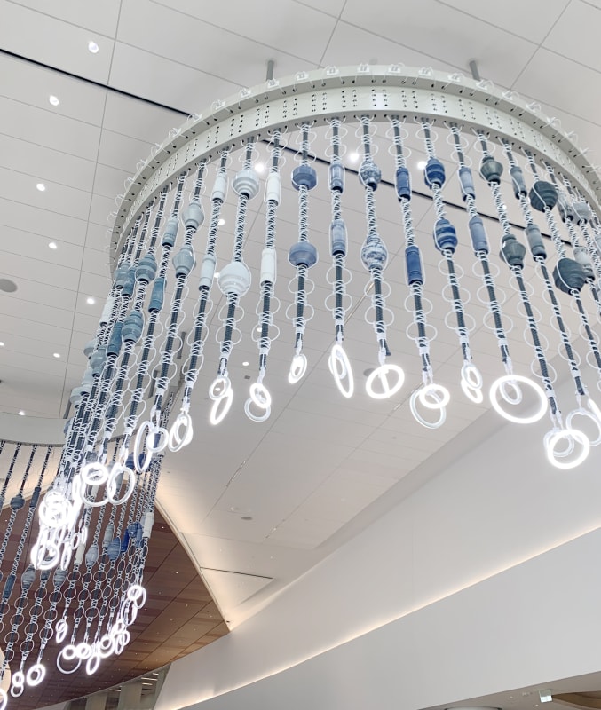 The Color of Horizons, 2020 Wood, steel, rope, extension cords, glazed ceramics, LED lights