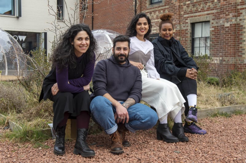 In From the Margins Resident Artists at Edinburgh Printmakers Left to Right: Paria Goodarzi, Mousa AlNana, Aqsa Arif, and Najma Abukar. Photo by Neil Hanna