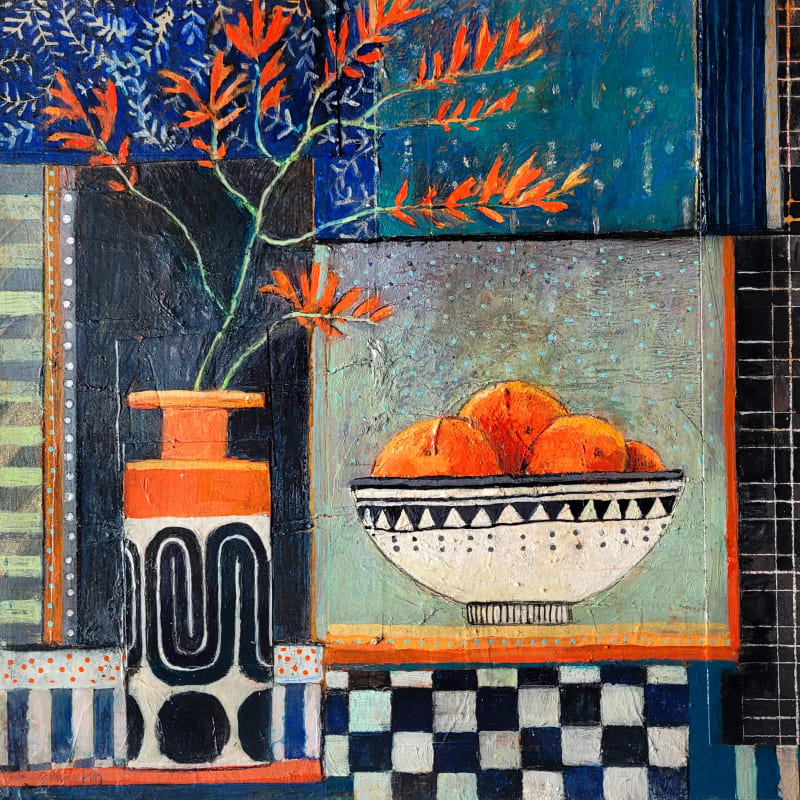 Seville Oranges, Mixed Media Painting on Board, 38 x 38 cm.