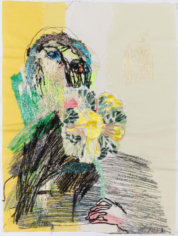 Holding Flower, 2021 thread on linen 73 x 55 cm