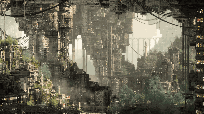 ANNIBALE SICONOLFI digital artwork NFT futuristic cityscape with the buildings covered in moss and trees 