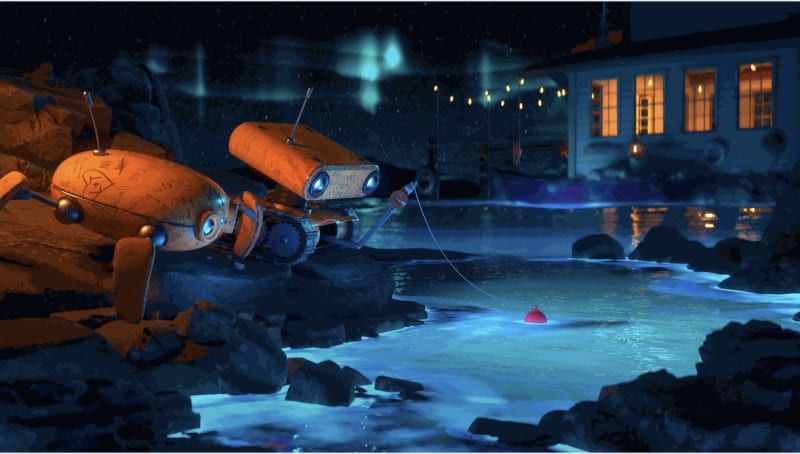 RYAN TALBOT digital art NFT of two small robots fishing in a glowing blue pond