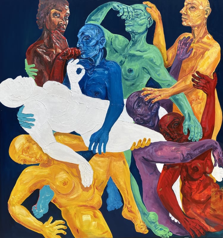 Masha Keyran painting of eight figures embracing each other.