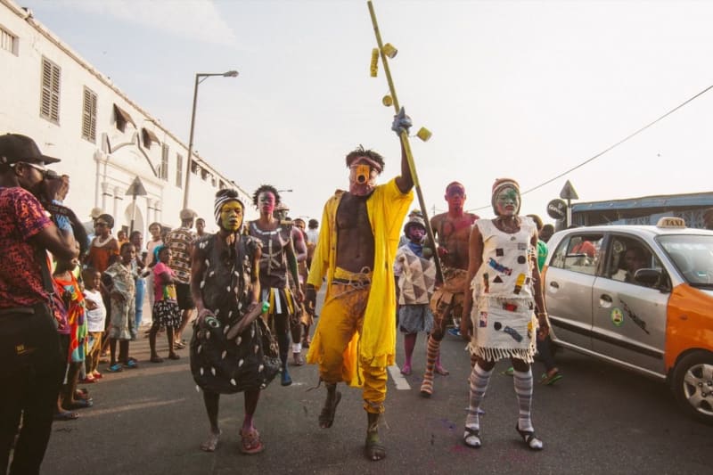 Serge Attukwei Clottey and GoLokal, performance at Chale Wote, 2016. Photo by Ofoe Amegavie. Courtesy of the artists and Gallery 1957.