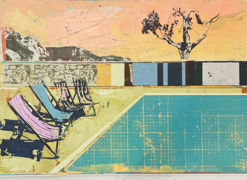 Empty Chairs, 2024 Acrylic and screen print on board, 60 x 80 cms © The Artist