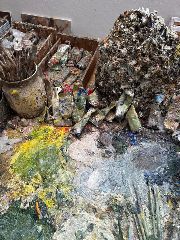 Brushes, paints and palette, 2024. © The Artist.