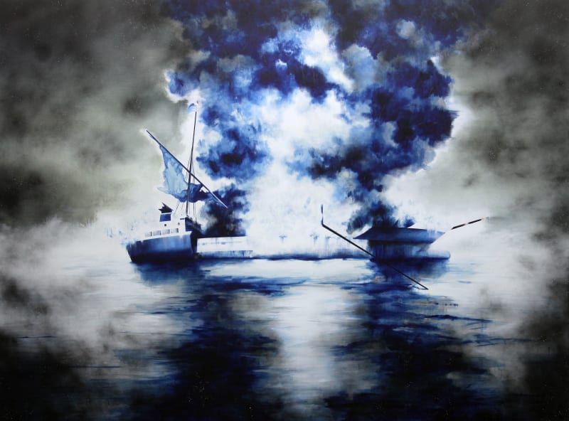 Gamaliel Rodríguez, “Collapsed Soul,” from “no existe un mundo poshuracán” at the Whitney Museum in Manhattan. The painting was inspired by the 2015 sinking, in a hurricane, of an antiquated U.S. cargo vessel with supplies on which the island is cripplingly dependent.Credit...