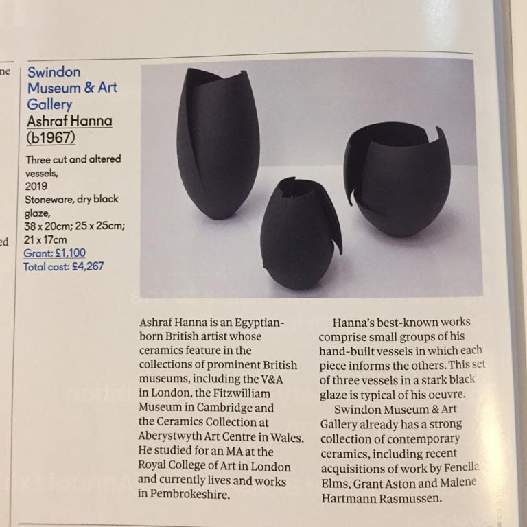 Three cut and altered Vessels by Ashraf Hanna as featured in Art Fund's Art Quarterly magazine