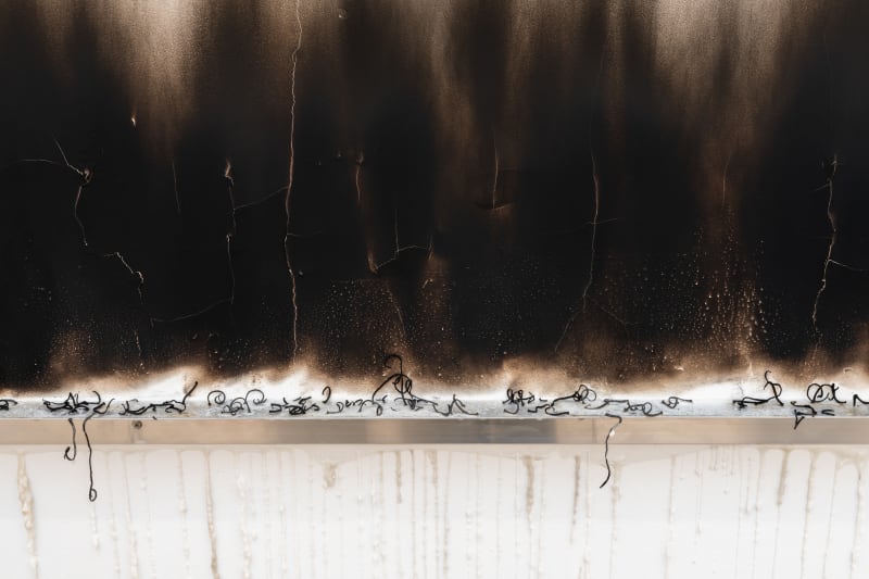 The Broken Burned Kilometer, 2025, Aluminum shelf, candle and fire on wall, Variable dimensions.