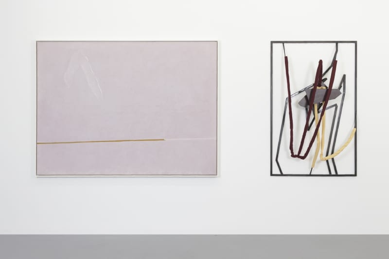 Adja Yunkers, Composition XIV, 1970, 135x185 cm, Acrylic on canvas. Indrikis Gelzis, Tuesday, 2018, 140x90x20 cm, Metal square tubes, fabric, furniture plate