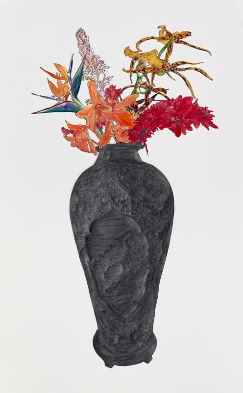 Oasa DuVerney, Black Power Wave: Arrangement in Happy Marriage Vase, 2024. Acrylic and graphite on hand cut paper, 26 x 47 inches.