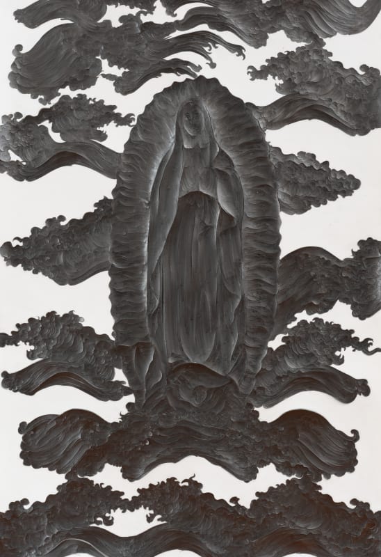 Graphite drawing depicting the Virgin of Guadalupe. She stands in the center of the work surrounded by rolling clouds