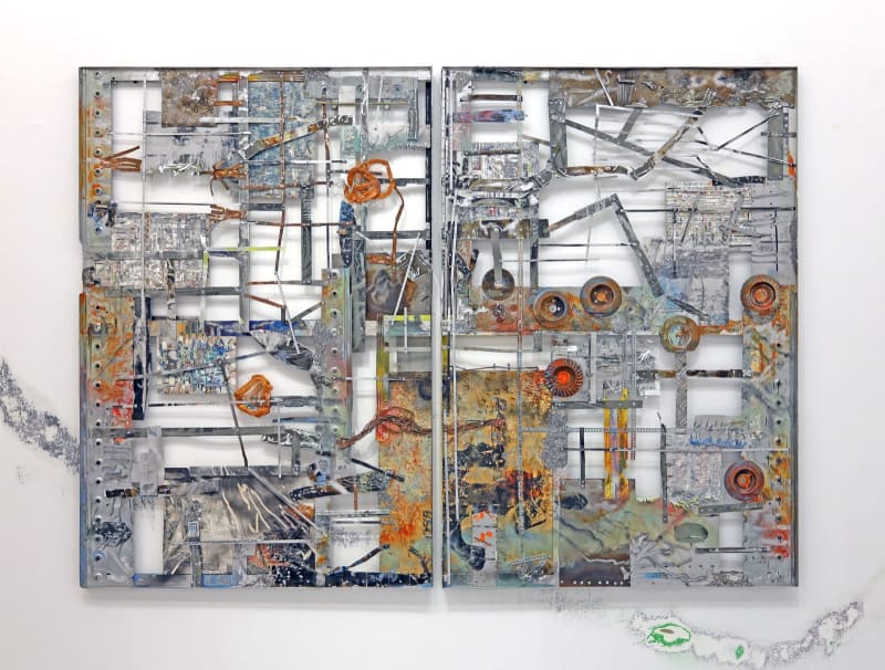 Marcin Dudek, Game Time Choices, 2023 Diptych: steel, aluminium, oil paint, copper, medical tape, wood, offset print, fibreglass 145 x 195 cm 2 panels 145 x 97 cm each. Image courtesy of artist.