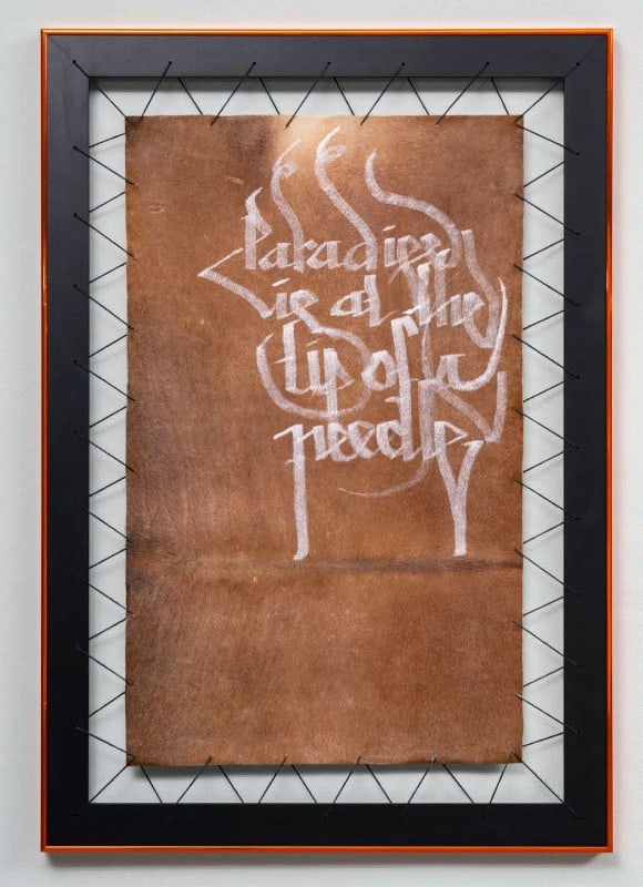 Fyerool Darma, Paradise is at the Tip of a Needle, 2017, synthetic polymer paint on artificial cowhide, cotton, thread and aluminum, 114 x 80 cm. Photo courtesy of Primz Gallery.